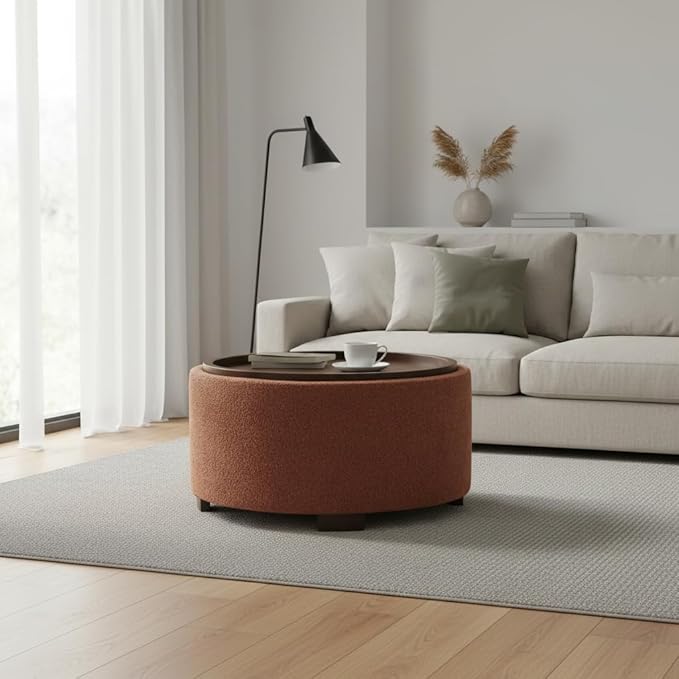 Zihanhome 30 Inch Round Storage Ottoman Coffee Table, Modern Boucle Ottoman with Lift-Off Lid and Solid Wood Legs for Living Room, Bedroom, Corners, Apartments (Orange)