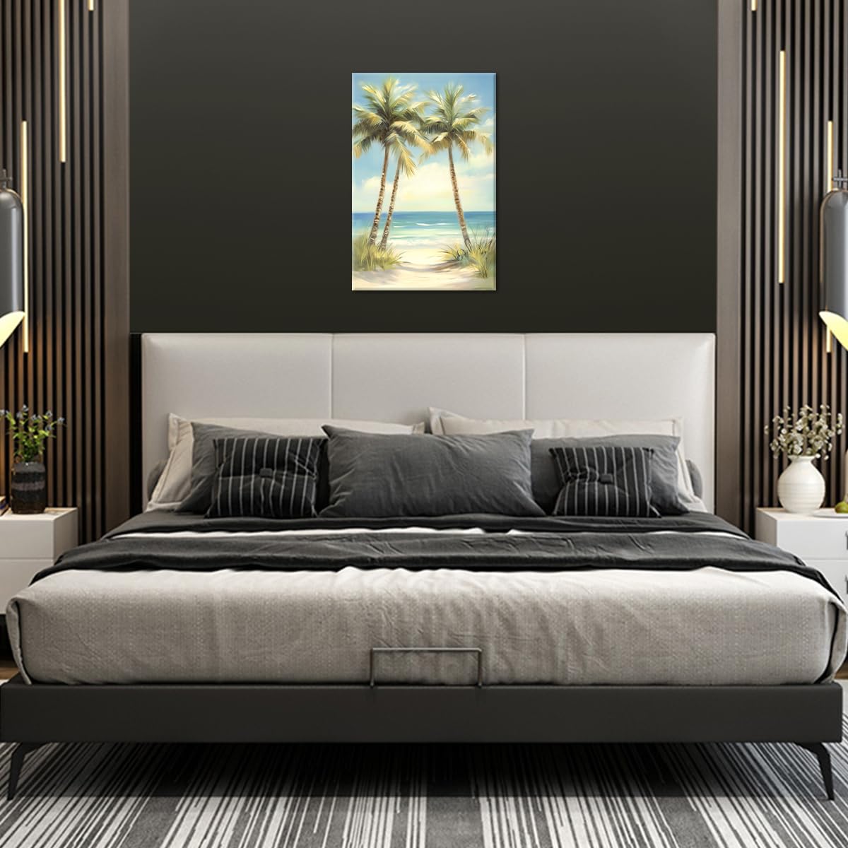 Tropical Beach Canvas Wall Art Palm Tree Pictures Wall Decor Ocean Landscape Painting Prints for Living Room Bedroom Bathroom Decor Framed(Tree-3,12L x 18W)