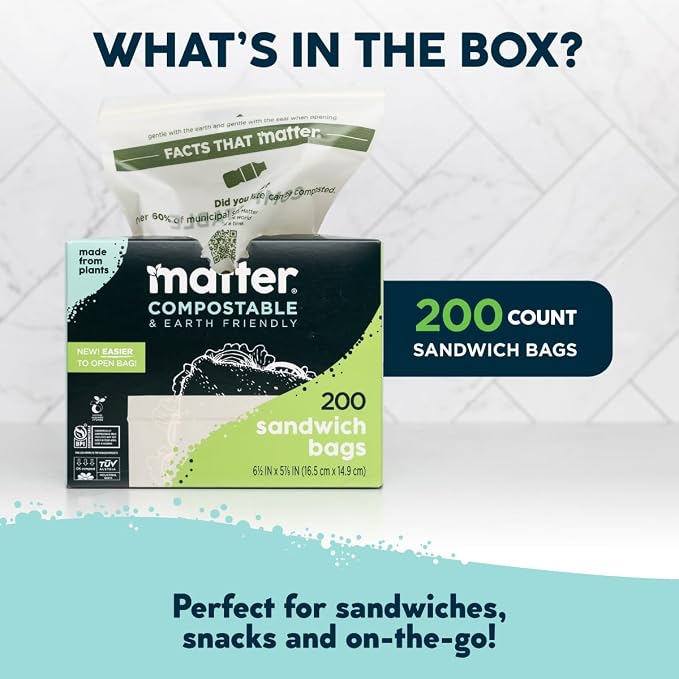Matter Compostable Sandwich Bags for Food Storage, Eco-Friendly, Resealable, 200 Count