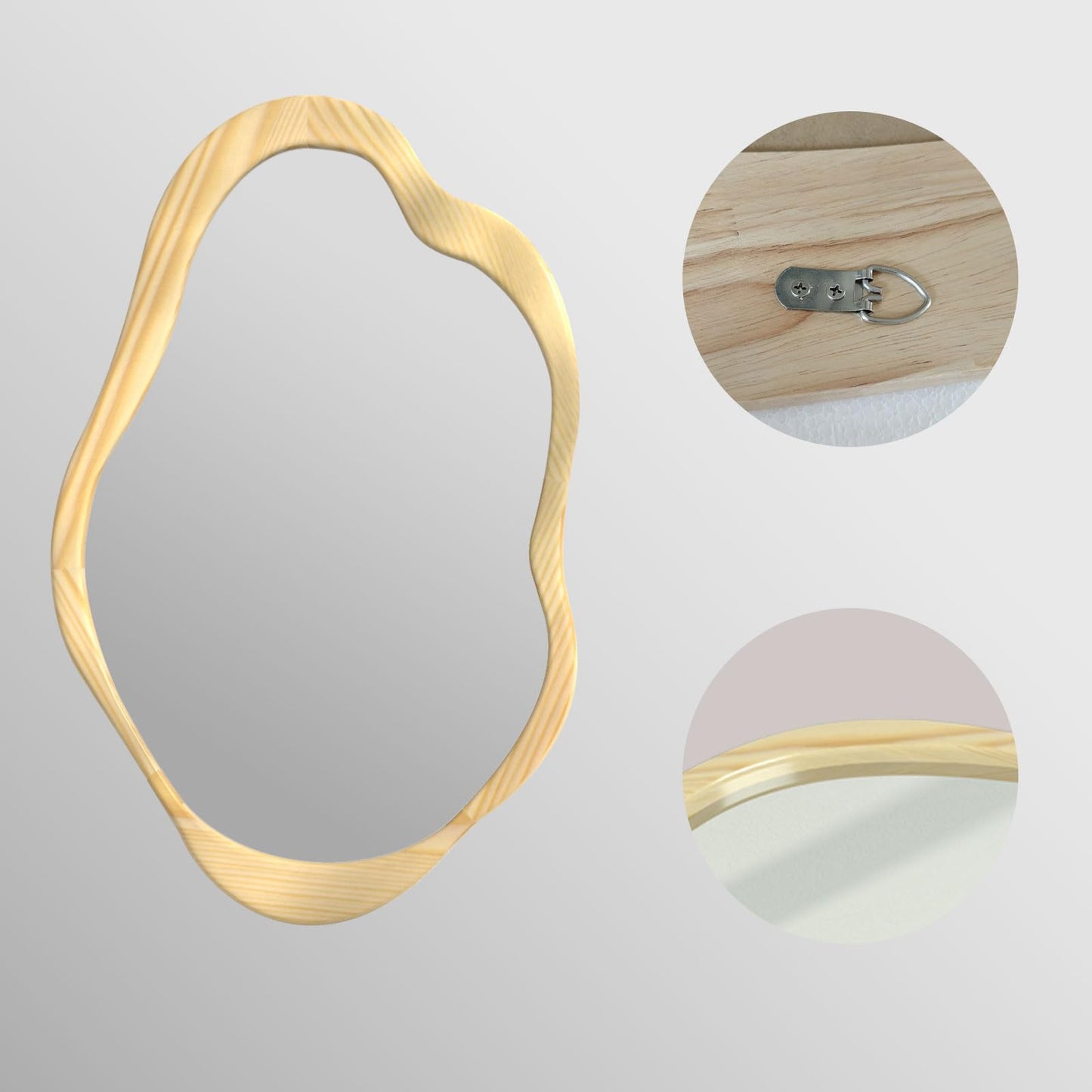 osemy 42"x 28" Irregular Wall Mirror, Natural Wood Framed Wall Mirror, Asymmetrical Wall Wavy Mirror for Living Room Bedroom Entryway Bathroom Modern Decorative Cloud Mirror Hanging Hooks
