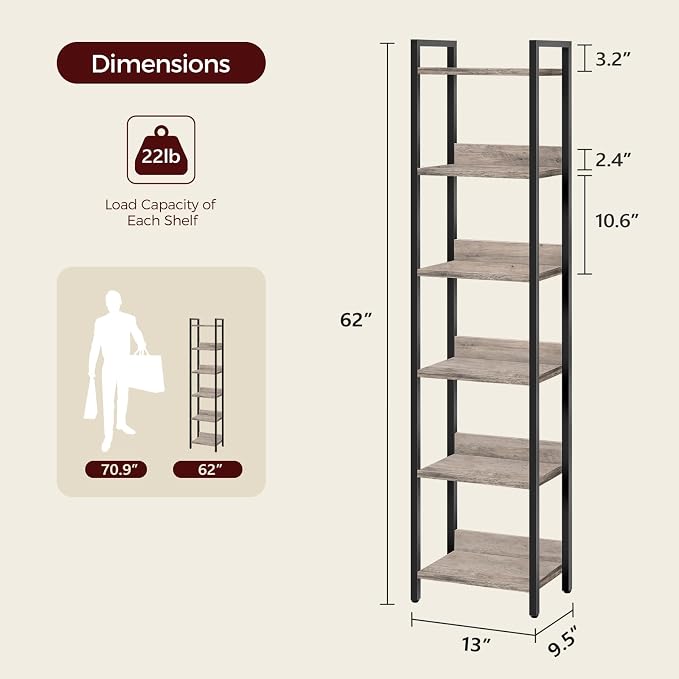 MAHANCRIS Bookshelf, 6-Tier Bookcase, Standing Book Shelf for Small Space, Storage Shelf Organizer, for Living Room, Bedroom, Study, Balcony, Greige and Black BKHG6601