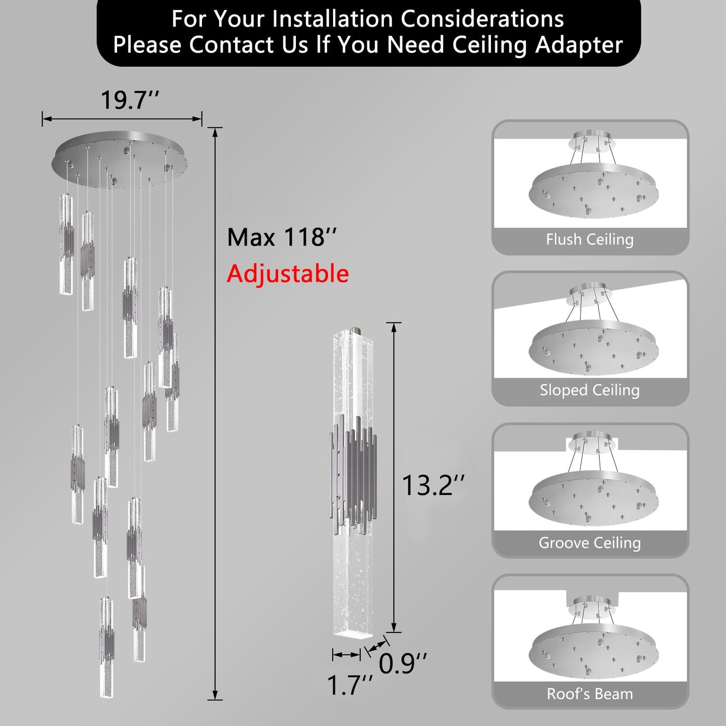 12-Lights Modern Crystal Chandelier for High Ceiling Dimmable LED Pendant Lighting Long Light Chandelier for Staircase Foyer Enterway Living Room Silver