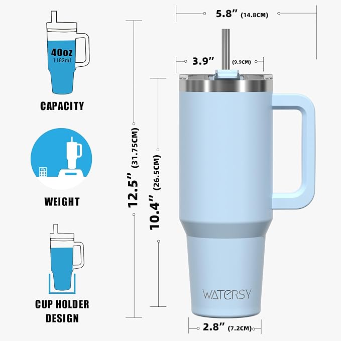 40 oz Tumbler with Handle,Tumbler with Lid and Straw,Double Wall Insulated Cup Stainless Steel Travel Mug(Cold for 34 Hours),Water Bottle for Iced Tea,Coffee,Cold Beverages(Blue)