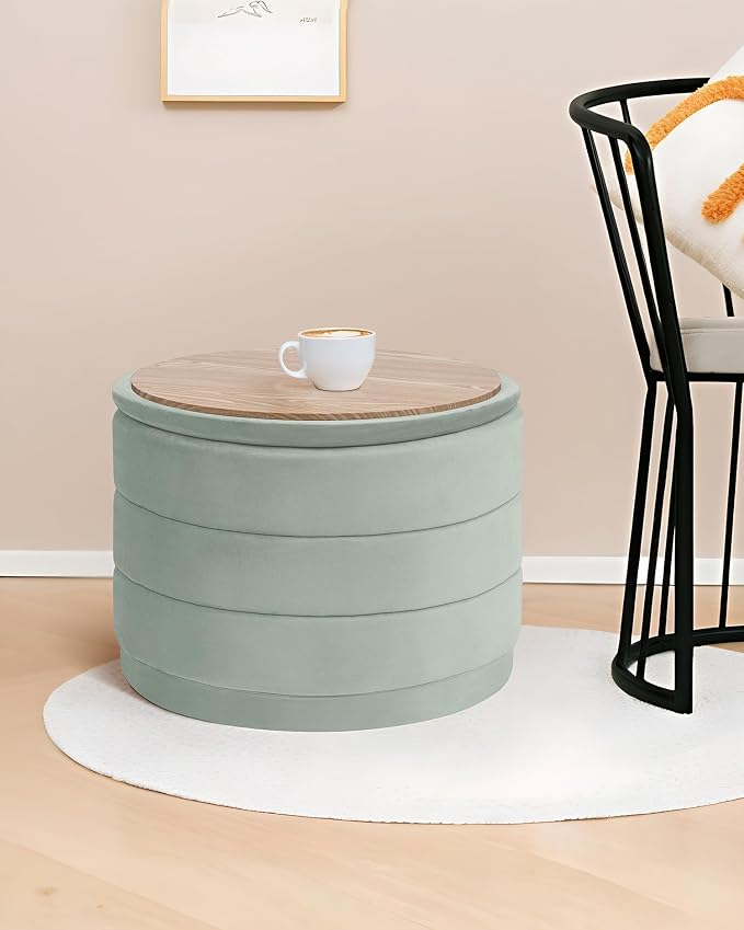 B FSOBEIIALEO Round Velvet Storage Ottoman with Tray, Folding Ottoman with Storage Coffee Table Foot Rest for Dorm Room, Living Room Sage, 22.83"x22.83"x17.32"