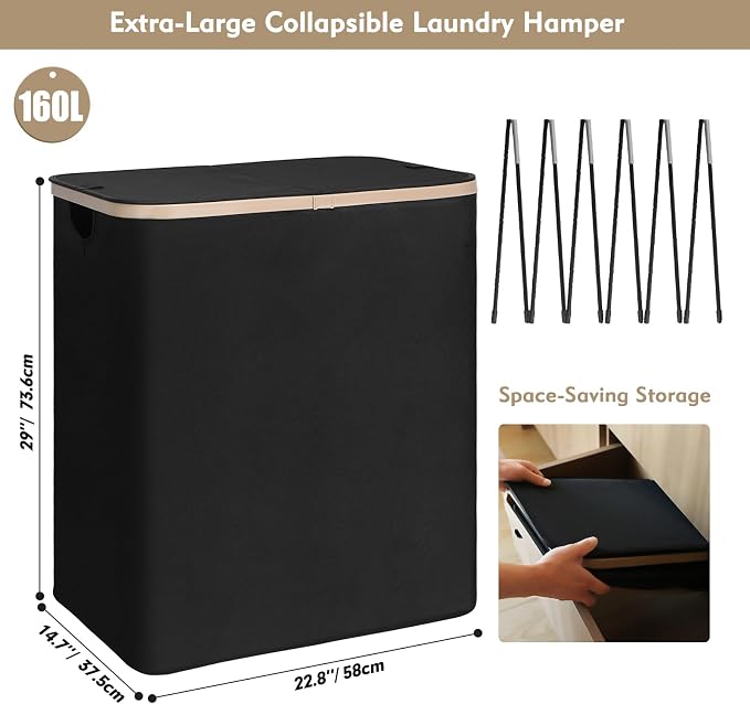 DOKEHOM 160L Extra Large Laundry Hamper with Lid, 2-Section Double Laundry Basket with Removable Mesh Liner Bags, Collapsible Clothes Sorter for Family, Bedroom, Laundry Room, Black
