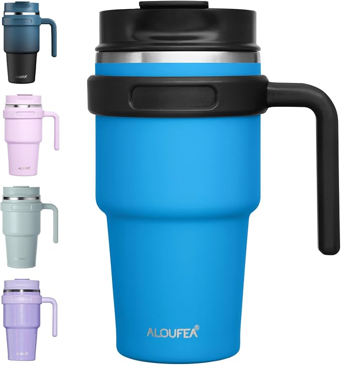 20 oz Insulated Coffee Mug Tumbler with Handle, Stainless Steel Travel Mug Tumbler with Lid and Straw,Double Wall Vacuum Leak Proof Ice Coffee Thermal Cup, Sky Blue