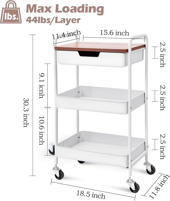 TOOLF 3 Tier Metal Utility Rolling Cart - White Storage Cart with Drawer and Wooden Table Top, Trolley Kitchen Organizer Rolling Desk with Locking Wheels for Office, Classroom, Home, Bedroom