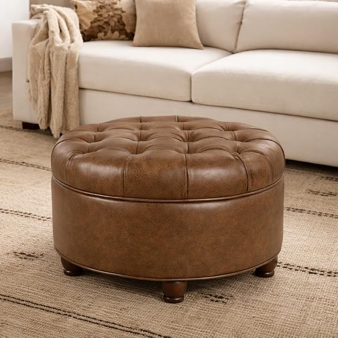 Homepop Home Decor | Button Tufted Faux Leather Round Storage Ottoman | Ottoman with Storage for Living Room & Bedroom (Brown)