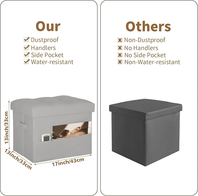 BelugaHelper Folding Storage Ottoman. Foot Rest Stool with Thicker Foam Padded Seat. 330 lbs Leather Ottoman with Storage Bench for Living Room, Bedroom, Home Office Table, 17x13x13in, Grey