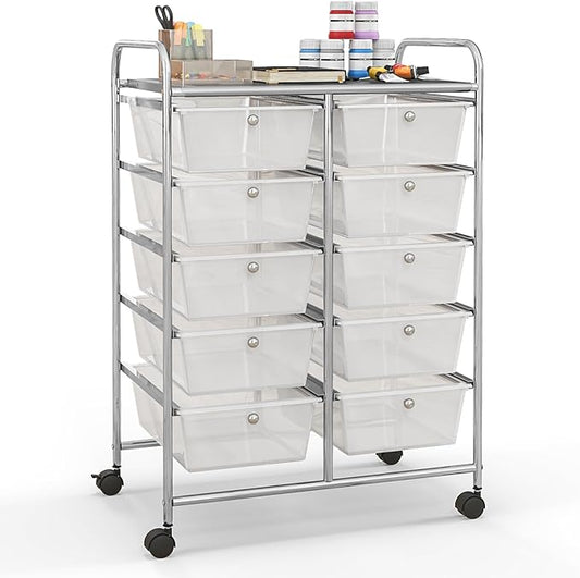 Giantex 10 Drawers Rolling Cart, Classroom Organizers, Storage Cart with Wheels, for Teacher Office Home School Supplies Tool Craft Art Paper, Clear White