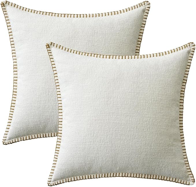 MIULEE Pack of 2 Pillow Covers 20x20 Inch Pure White Farmhouse Decorative Throw Pillow Covers with Stitched Edge Soft Chenille Solid Dyed Couch Pillow Covers for Sofa Bed Living Room