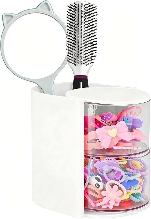 Hair Accessories Organizer with Hair Brush Holder, Rotatable Makeup Brush and Jewelry Storage Box for Hair Clips, Earrings, Necklaces, Bracelets, Rings, and Daily Accessories (White, 2-Layer)