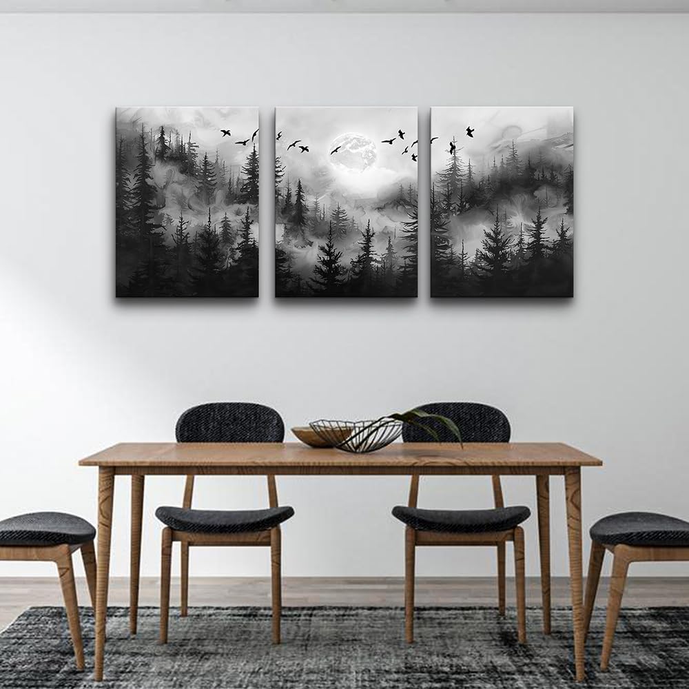 DZRWUBHS Wall Art For Living Room Canvas Wall Decor For Bedroom Black And White Wall Painting Modern Office Decorations Misty Forest Landscape Abstract Wall Pictures Farmhouse Wall Hanging Decor