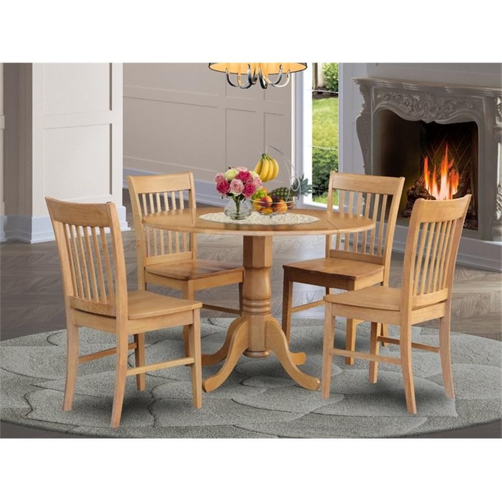 East West Furniture DLNO5-OAK-W 5 Piece Modern Dining Table Set Includes a Round Wooden Table with Dropleaf and 4 Dining Chairs, 42x42 Inch, Oak