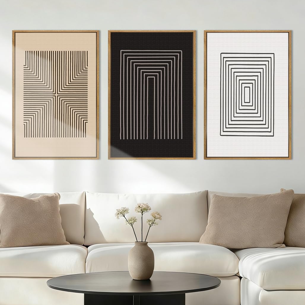 Anyzal Large Black Abstract Wall Art Framed16x24 Inch Brown and White Modern Minimalist Canvas Wall Decor Neutral Textured Art Prints for Living Room Bedroom Office Set of 3