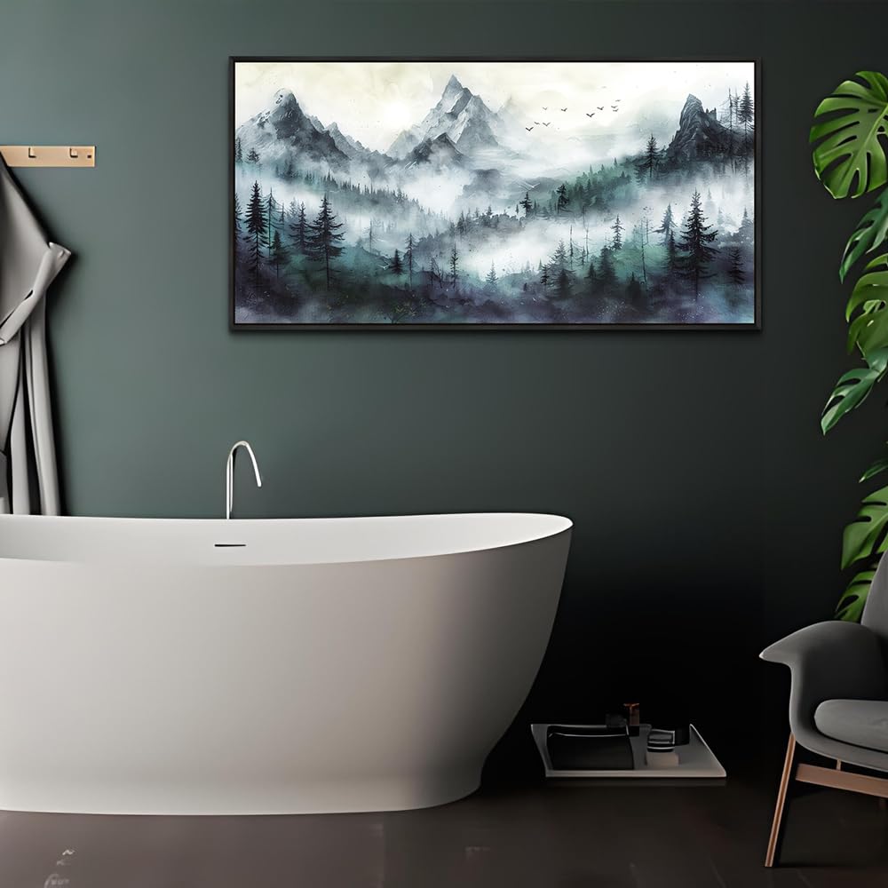 Wapluam Large Canvas Wall Art For Living Room Modern Wall Decor For Bedroom Trees Landscape Painting Foggy Forest Pictures Mountain Nature Art Canvas Prints Office Home Decor Black Framed 40x20