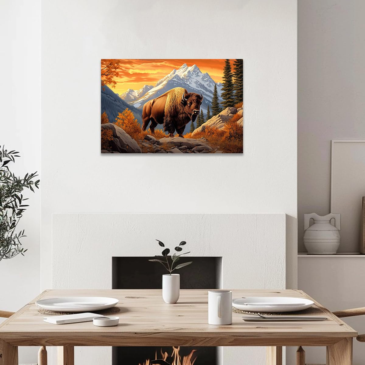 CCWACPP Buffalo Bison Canvas Wall Art Prints Wildlife Cow Pictures Cabin Buffalo Decor for Living Room Bedroom Home Office Decor Framed (12.00" x 18.00")