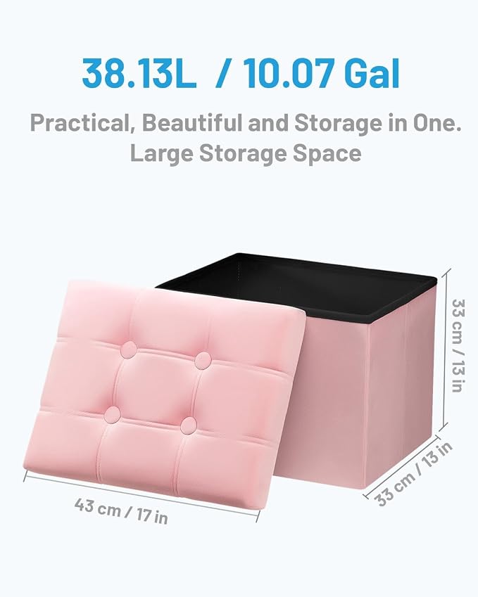 AmasSmile 2PC Storage Ottoman Foot Rest Stool, 17 inch Velvet Footstool Bench, Short Ottomans Stool, Small Folding Storage Ottoman Store Books, Records, Pink