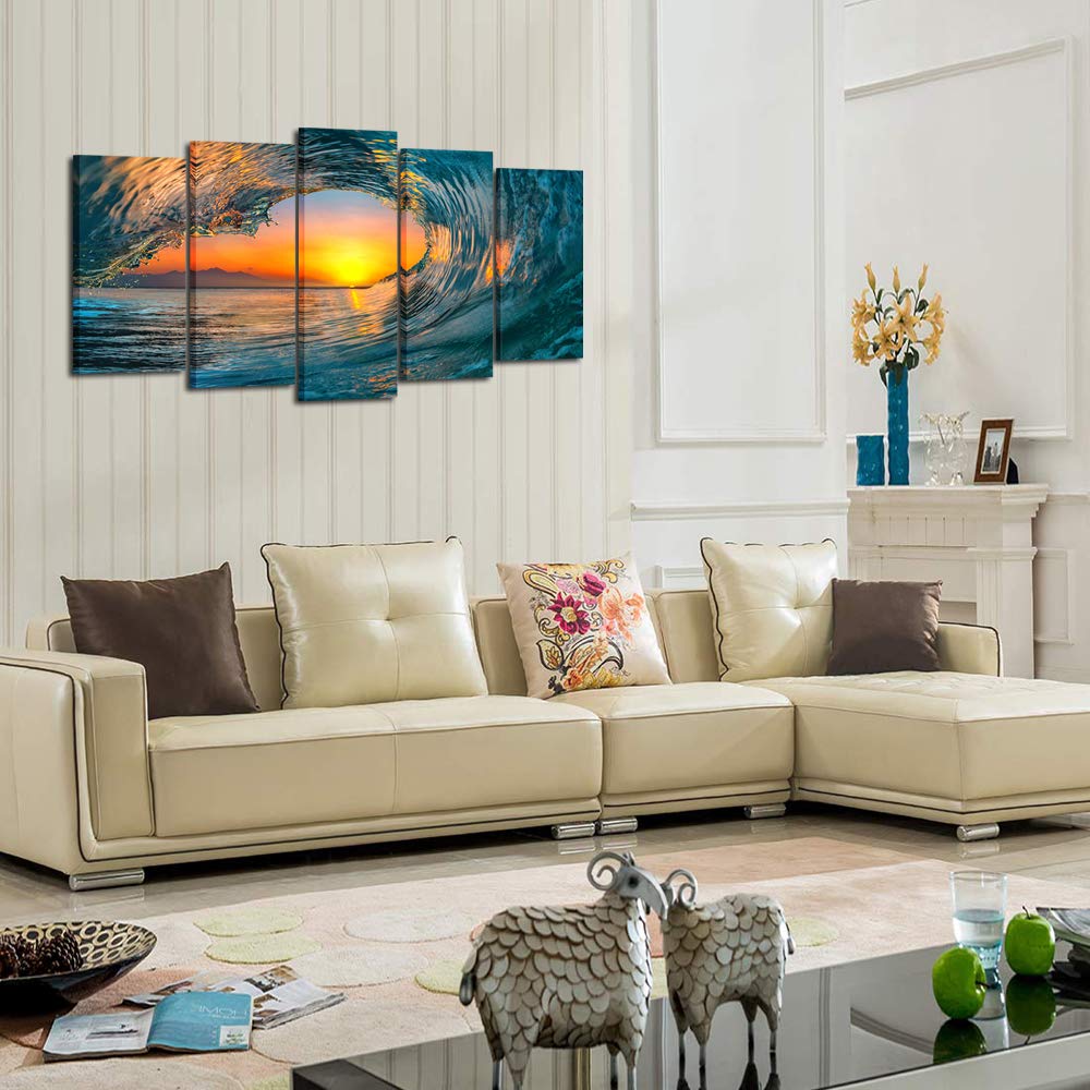KREATIVE ARTS Large 5 Piece Sea Waves Wall Art Modern Framed Giclee Canvas Prints Seascape Artwork Ocean Beach Pictures Paintings on Canvas for Living Room Home Office Decor (Large Size 60x32inch)