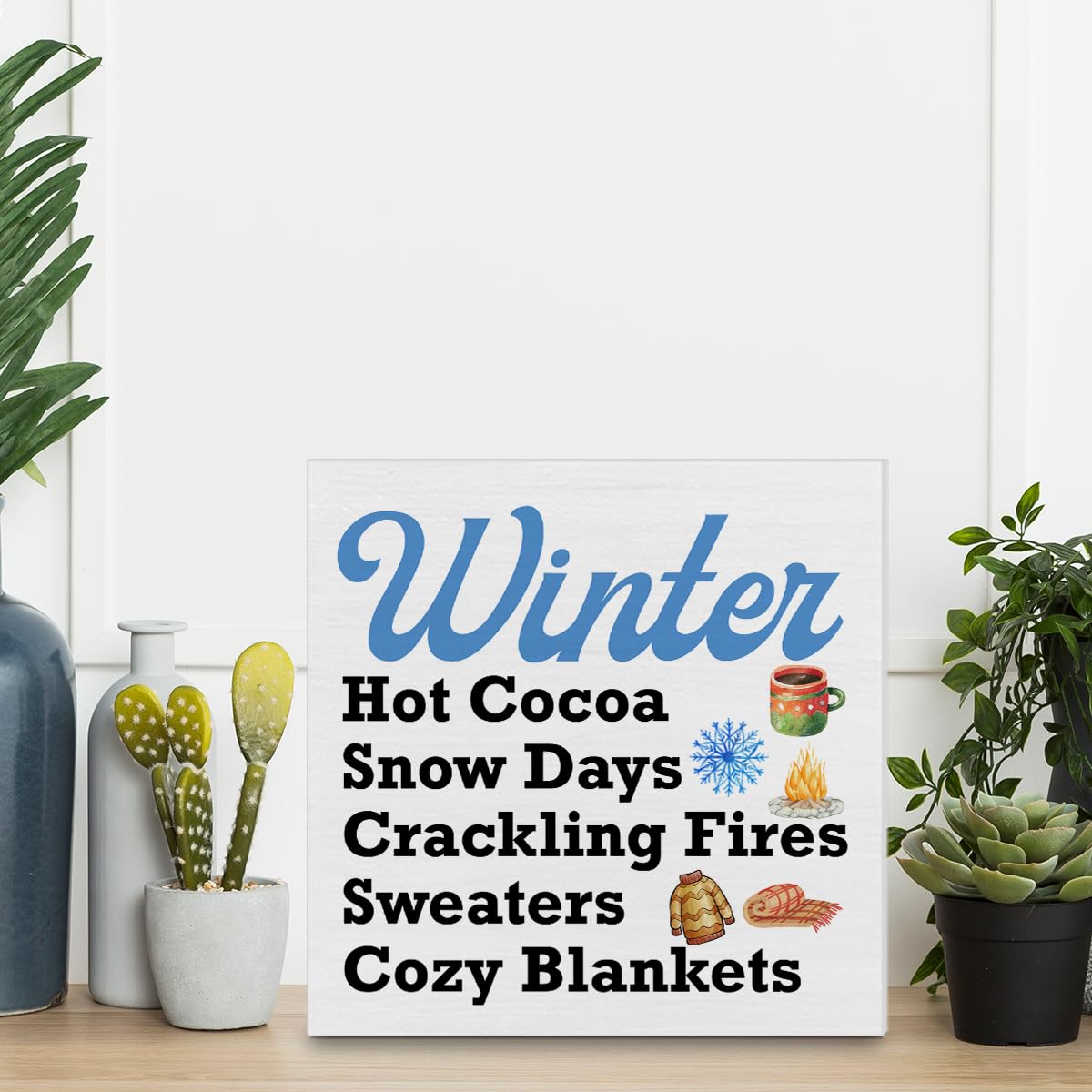 Winter Wooden Block Sign Winter Hot Cocoa Blankets Wooden Box Sign Decor for Home Living Room Kitchen Table Desk Shelf