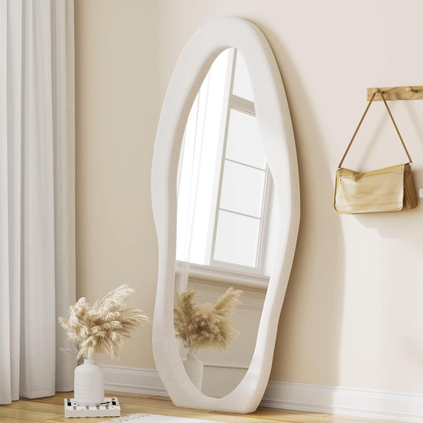 TinyTimes 63" x 24" Full Length Mirror Irregular Wavy Floor Mirror, Standing Wall Mirrors Large Hanging Mirror for Bedroom, Living Room, Flannel Wooden Frame, White