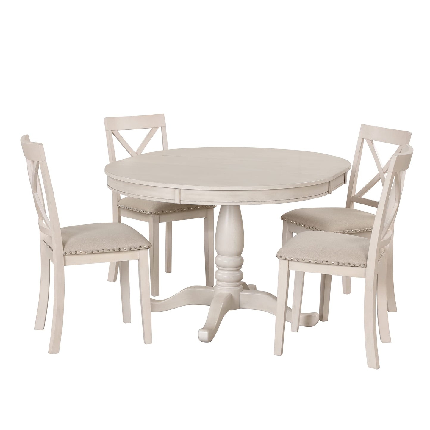 GDFStudio Modern Round Dining Table Set for 4, 5-Piece Kitchen Table with Extendable Oval Top and 4 Solid Wood Chairs, Small Space Furniture for Dining Room, Breakfast Nook, Dinette, Antique White