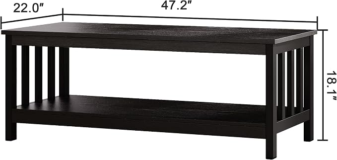 ChooChoo Mission Coffee Table, Black Wood Living Room Table with Shelf, 47 inch