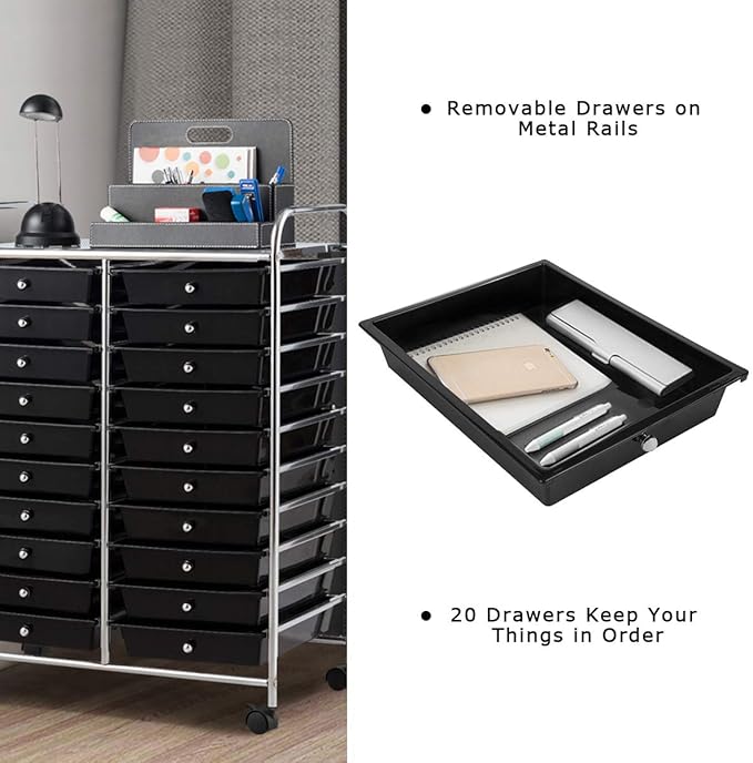 Giantex 20 Drawer Rolling Storage Cart Tools Scrapbook Paper Office School Organizer (25 x 15 x 35 Inch, Black)