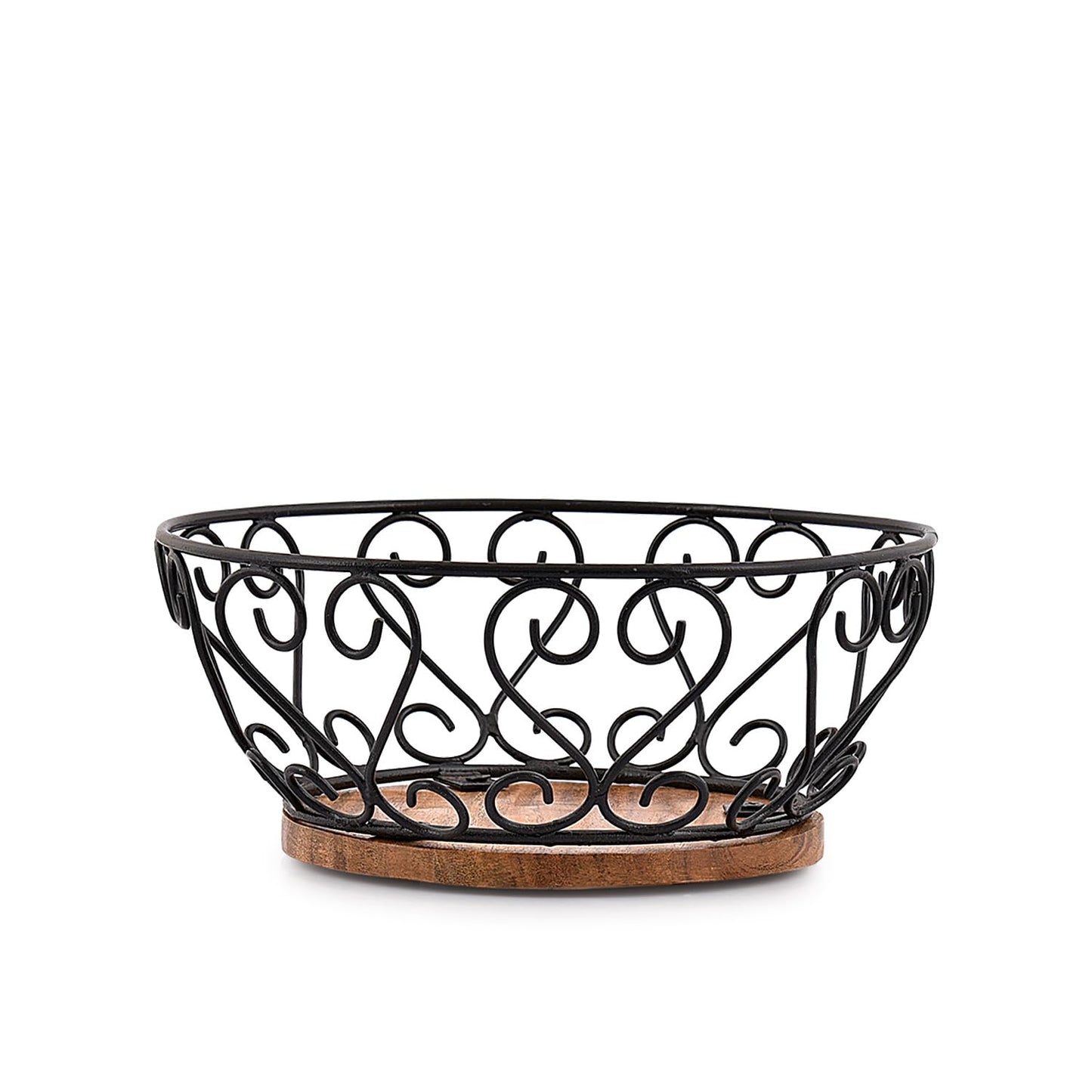 EDHAS Iron Fruit Bowl With Wooden Base for Kitchen Countertop & Dining Room and Pantries (9" x 9" x 4")