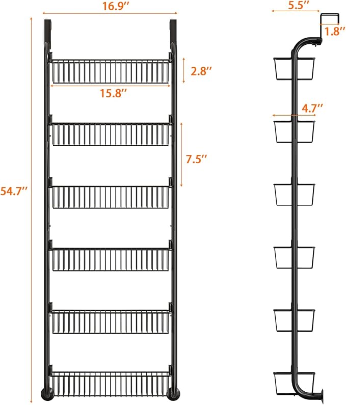 MIAOLI Over the Door Pantry Organizers and Storage, 6-Tier Spice Rack, Home & Kitchen Storage Shelves for Cabinet, Large Capacity Hanging Seasoning Organizer, Laundry Room Organization, Black