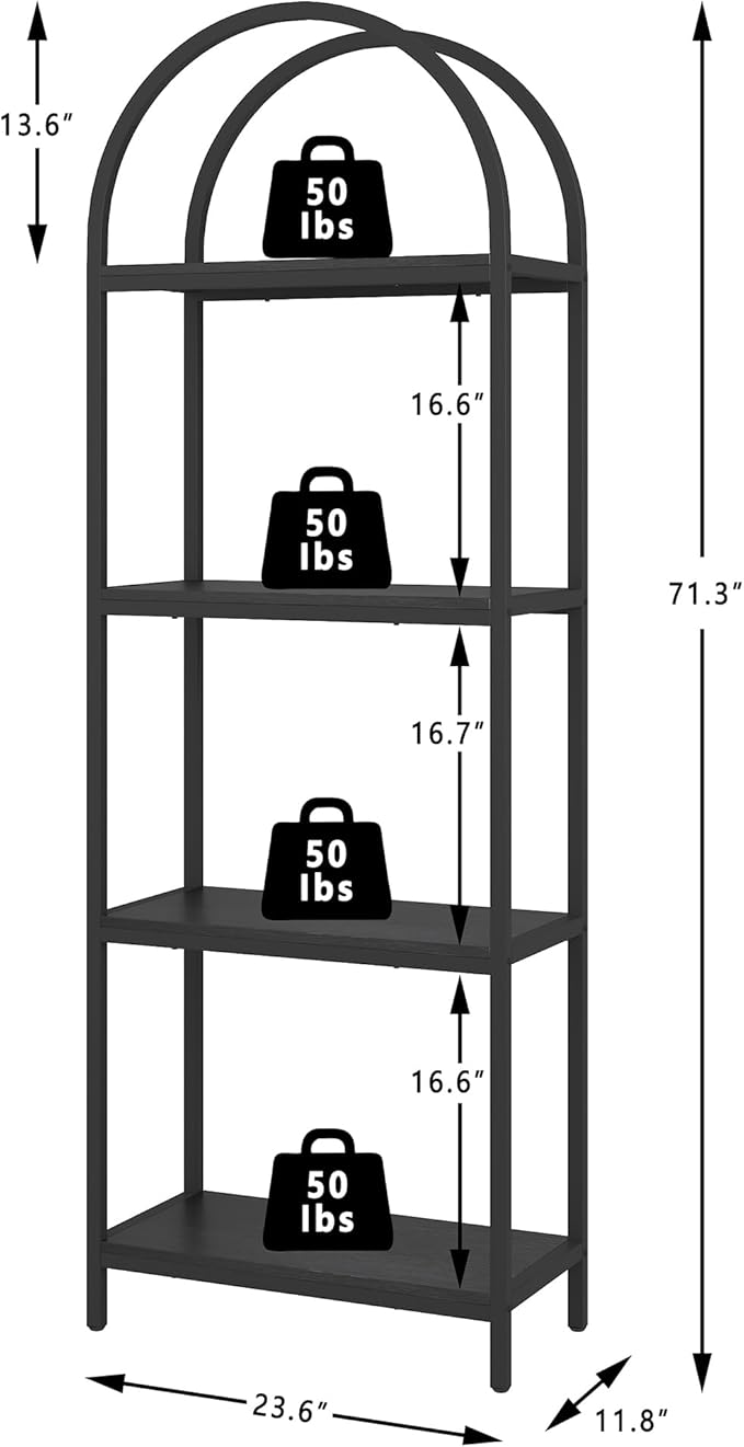 Yusong Bookshelf 4 Tier Arched Bookcase, 71.3" Tall Industrial Open Book Shelves for Living Room, Modern Freestanding Display Shelving Unit Storage Rack with Metal Frame, Office, Bedroom, Black