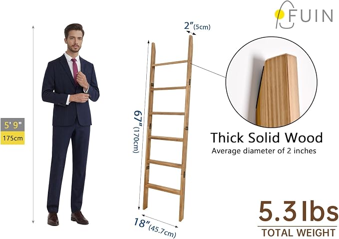 FUIN 5.5ft Wooden Blanket Ladder, Wood Towel Ladder, Rustic Decorative Ladder for Blankets, Farmhouse Quilt Rack for Living Room & Bathroom