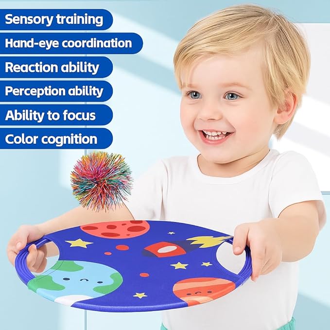 Fun Toss Across Game Toddlers Sensory Toys - Elastic & Soft Fabric Bouncy Paddle & Stringy Ball for Safe Play, Also Works as Flying Disc, Indoor Outdoor Birthday Party Beach Toys Park Backyard Games