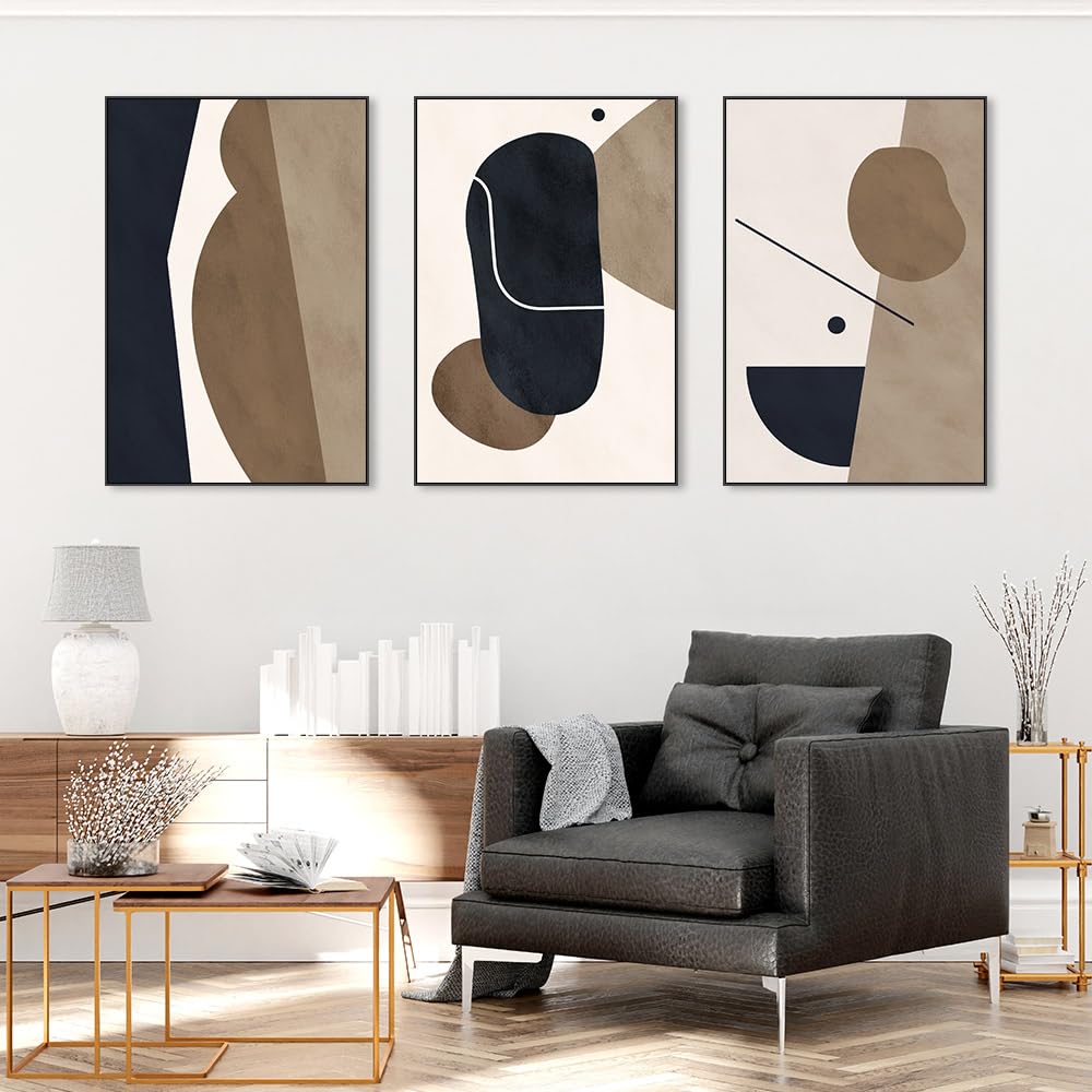 Abstract Framed Canvas Prints,Geometric Wall Art,Black White Brown Decorative,Large 24" X 32"X 3 Panel Modern Wall Decor for Living Room Bedroom Bathroom Hotel Kitchen Bar Office Entryways Wall Décor