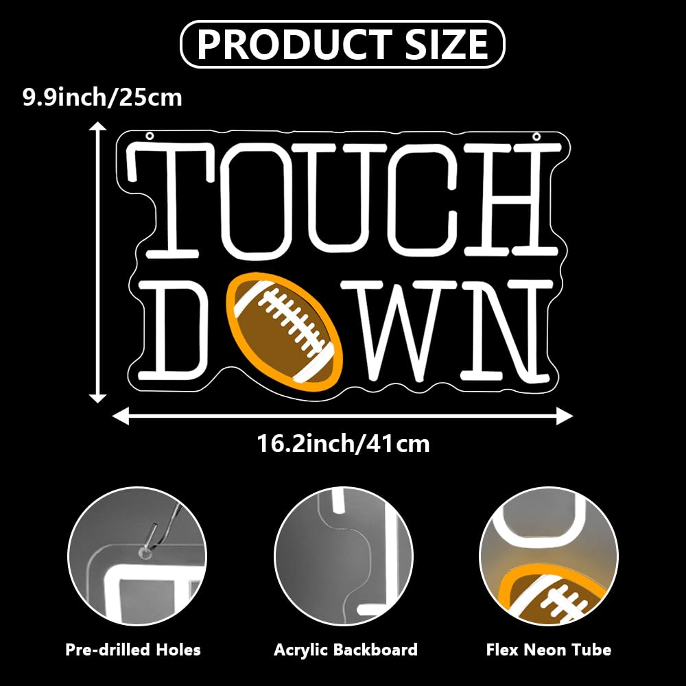 Football Neon Sign, Touch Down LED Neon Light Signs for Wall Decor Football Rugby Light up Sign Lamp for Party Bar Bedroom Pub Man Cave Decor Birthday Gift for Fans Dimmable USB Powered(16.2"*9.9")