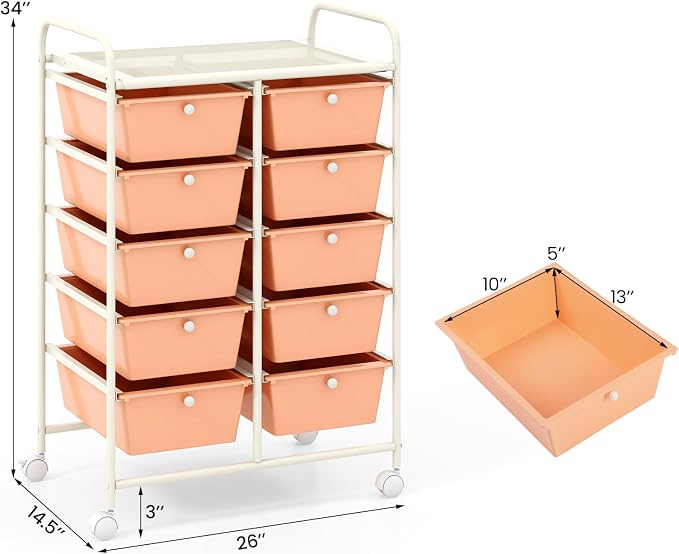 Giantex 10 Drawers Rolling Cart, Classroom Organizers, Storage Cart with Wheels, for Teacher Office Home School Supplies Tool Craft Art Paper, Peach Fuzz