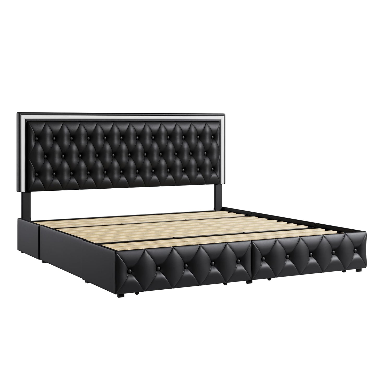 Keyluv Queen Upholstered LED Bed Frame with 4 Drawers, PU Leather Platform Storage Bed with Adjustable Button Tufted Headboard and Solid Wooden Slats Support, No Box Spring Needed, Black