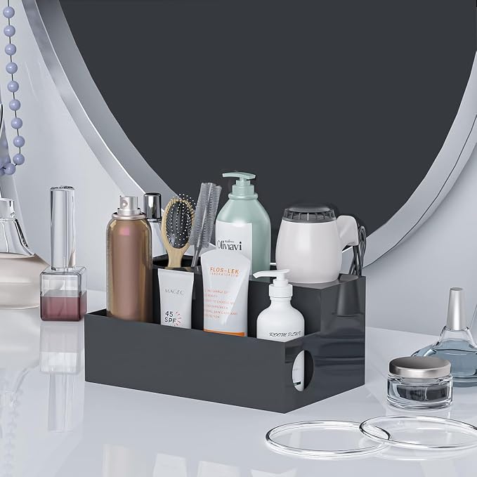 Hair Tool Organizer, Black Acrylic Hair Dryer Holder with Insulated Cup, Bathroom Supplies Countertop Blow Dryer Holder, Vanity Caddy Storage Stand for Accessories, Makeup, Toiletries