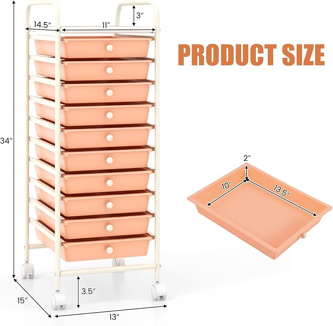 MEDIMALL 10 Drawers Rolling Storage Cart, Multipurpose Craft Storage Cart with Wheels, Mobile Tools Scrapbook Paper Organizer Cart for Office School Home Use
