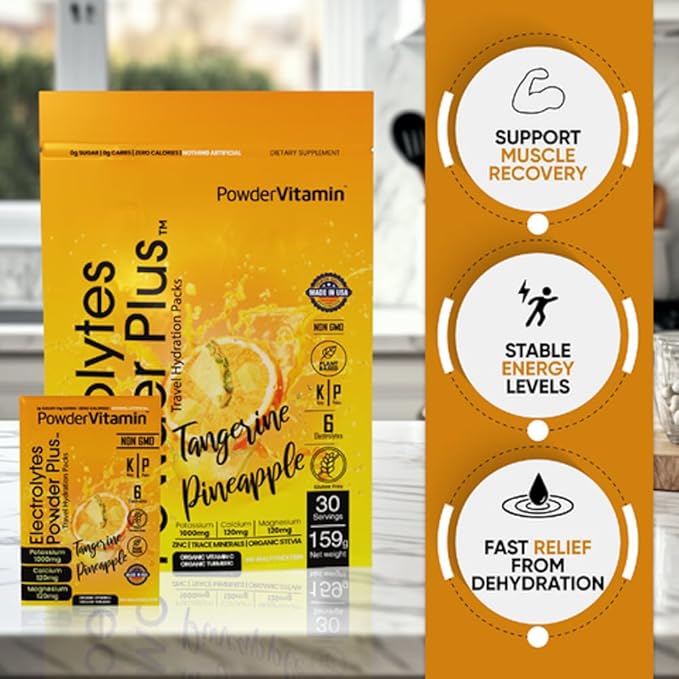 PowerVitamin Electrolytes Powder Packets - Tangerine Pineapple - Keto Electrolytes for Daily Energy - Hydration Powder with 1000mg Potassium, 120mg Magnesium, Zero Calories - 30 Hydration Packets