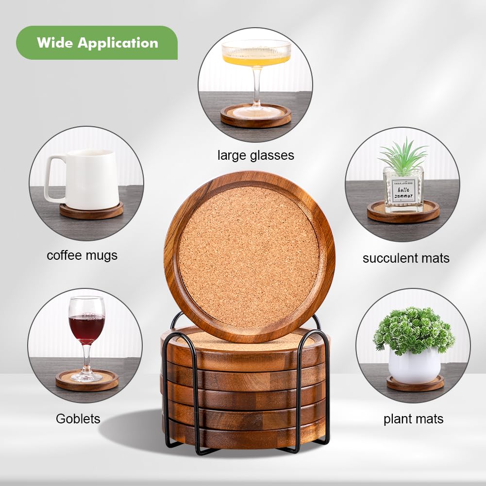 WLWNWFT Wood Cork Coasters for Drinks Absorbent with Holder, WLWNWFT Acacia Wood Coaster Sets Rustic Farmhouse for Coffee Table Dining Table Wooden Table Coasters for Desk, Set of 6 4.33in