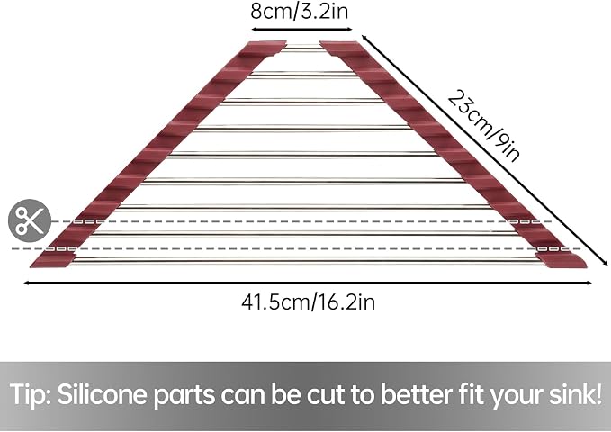 Tomorotec Foldable Stainless Steel Triangle Roll-Up Dish Drying Rack for Small Sink Corners - Over-The-Sink Multipurpose Kitchen Drainer, Rustproof Organizer, Trivet and Shelf - Space-Saving(Wine Red)