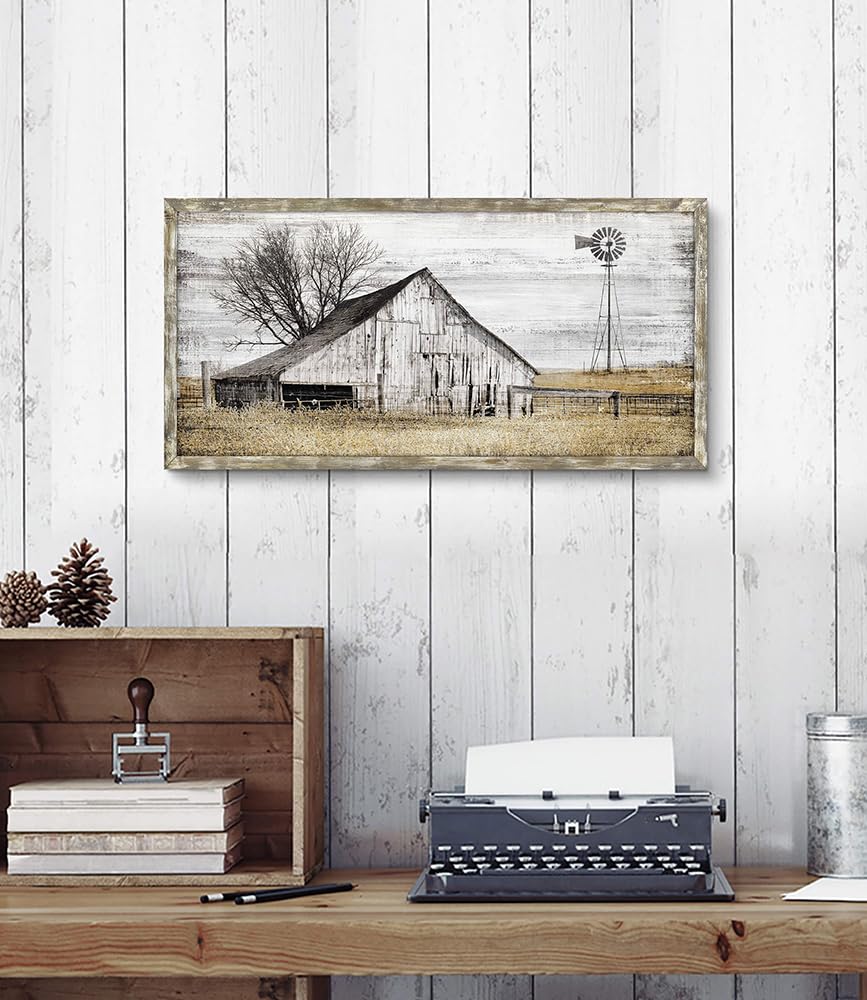 Barn Wall Art Decor Picture: Bedroom Framed Farmhouse Wooden Painting Rustic Horizontal Country Landscape Farm Windmill Print Long Panoramic Nature Scene Countryside Artwork for Living Room Bathroom