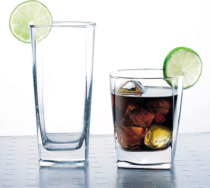 Le'raze Collins Everyday Drinking Glasses Set of 16 Drinkware Kitchen Glasses for Cocktail, Iced Coffee, Beer, Ice Tea, Wine, Whiskey, Water, 8 Tall Highball Glass Cups & 8 Short Old Fashioned.