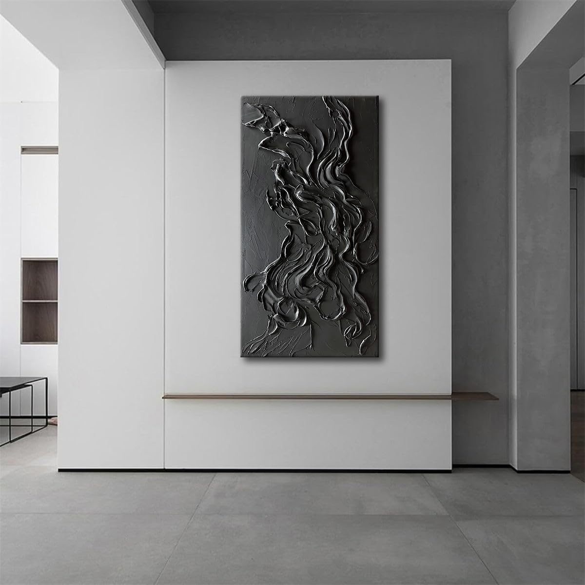 zoinart Hand Painted Large Black Wall Art 30"x60" Thick Texture Minimalist Oil Paintings Contemporary Art Oil on Canvas Abstract Textured Wall Art Pure Black Wall Art