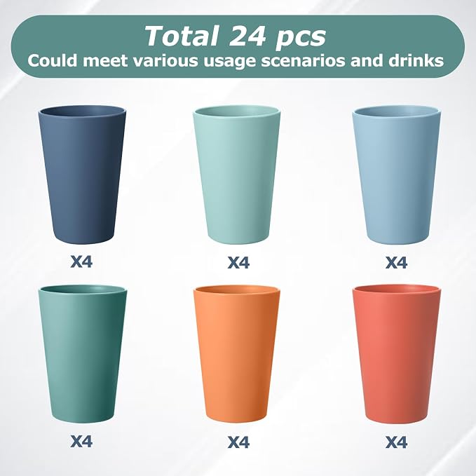 24 Pcs Unbreakable Plastic Cups Set, 14 oz Reusable Plastic Cups, Stackable Water Tumblers, Drinking Cup for Kitchen, Outdoor, BPA-free, Dishwasher Refrigerator and Microwave Safe (14 oz, 6 Colors)