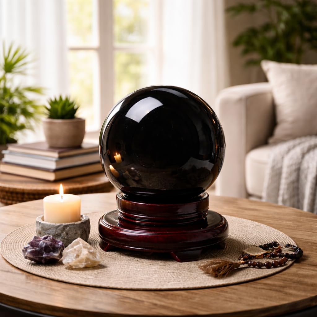 Mina Heal Rare Large Obsidian Crystal Sphere for Meditation, Healing, Feng Shui, and Protection – Handcrafted Black Obsidian Ball with Stand