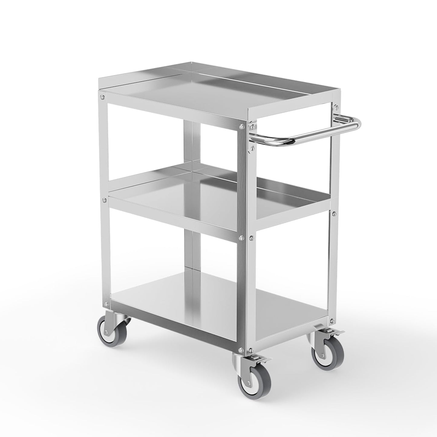 LEADZM 15"L x 24"W x 33"H Utility Rolling Cart on Wheels With Braker, 3-Tier Heavy Duty Commercial Storage Tool Serving Cart With Handle, Stainless Steel for Kitchen Home & Business, Silver
