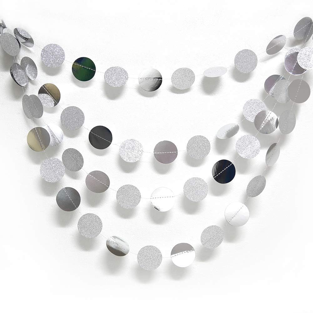 Decor365 Glitter Silver Party Decorations Silver Circle Garland Hanging Dot Streamers Banner Backdrop Birthday Decoration Bachelorette Bridal Shower Engagement Anniversary Graduation Party Decor