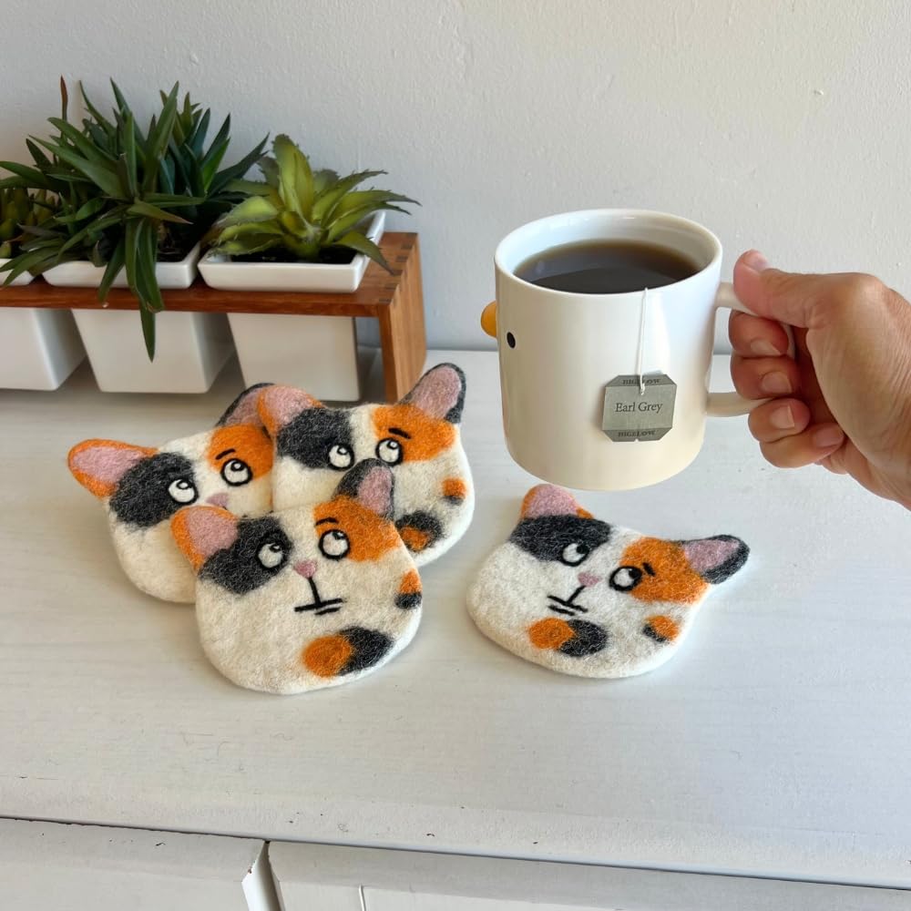 Humble Hilo Handmade Animal Felt Coaster Set of 4, Absorbent Coaster for Animal Lover (Calico Cat)